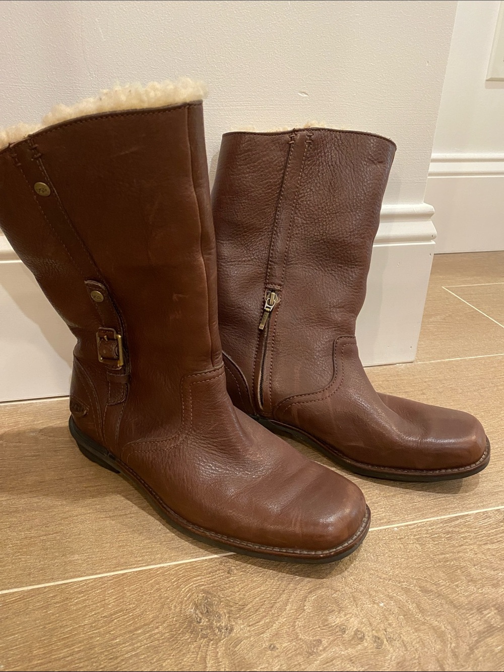 UGG Women's Brown Leather Shearling-Trim Mid-Calf Boots